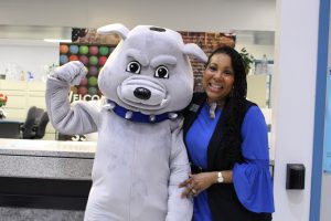 SSC Bulldog Mascot Bruno and Dean of Student Services Patrice Burton