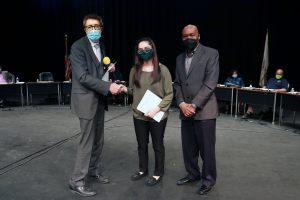 A photo of Vice President of Administration Martin Lareau, Student Trustee Fatima Serrato and Chairman of the Board of Trustees, Terry R. Wells.